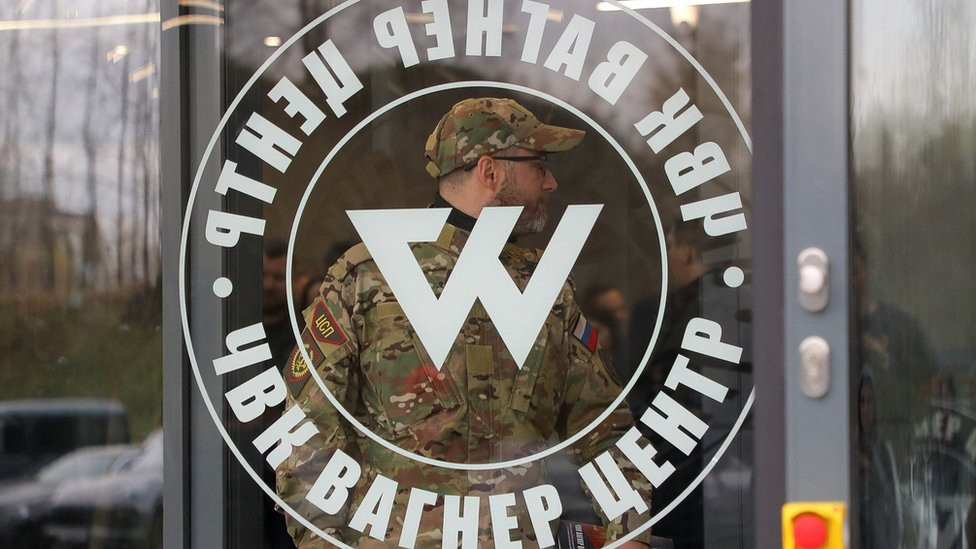 The Wagner Group offices in St Petersburg, with a logo on a glass window