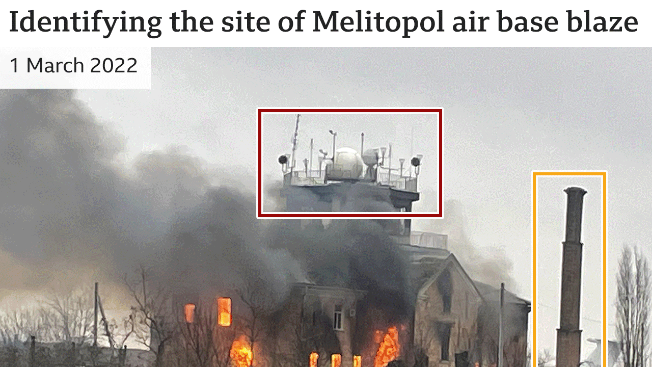 Photo showing Melitopol air base building on fire from 1 March 2022 - and a satellite view of the site from the day before, confirming its location