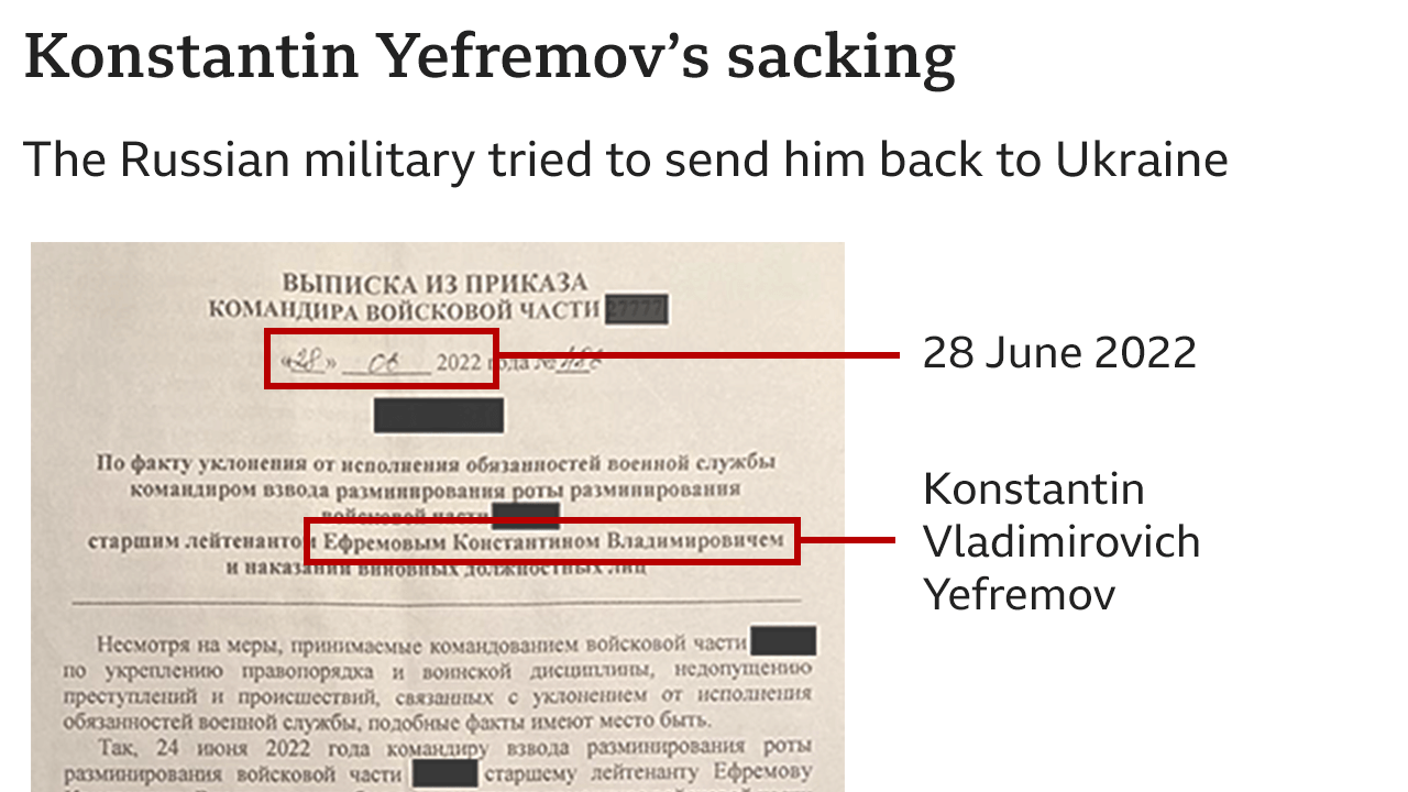 One of Konstantin Yefremov's military documents explaining his dismissal from the Russian army - it says he "committed a gross disciplinary offence"