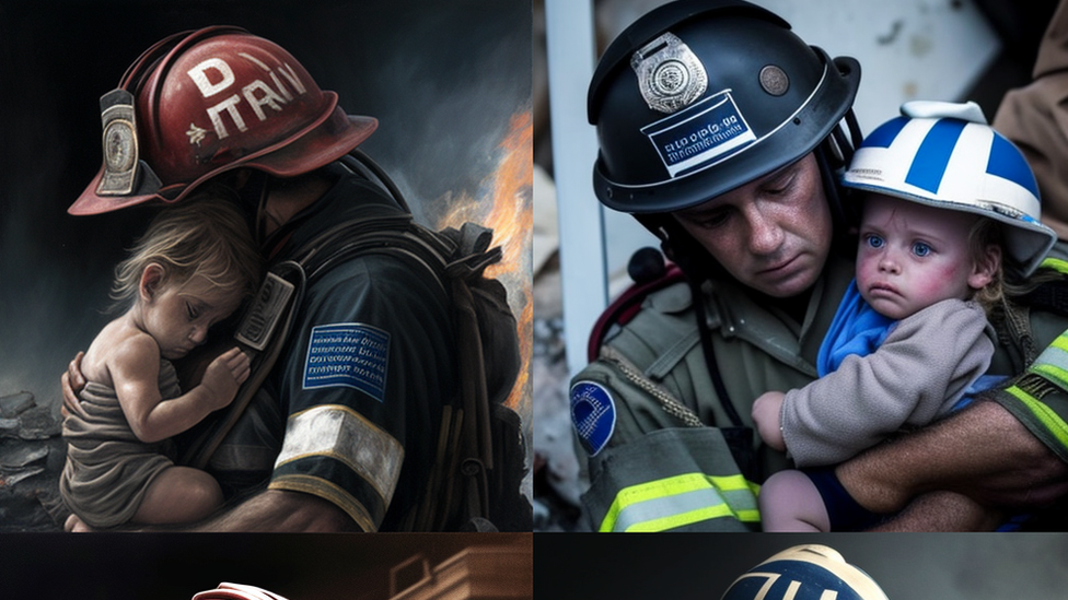 AI generated images of a firefighter rescuing a young child