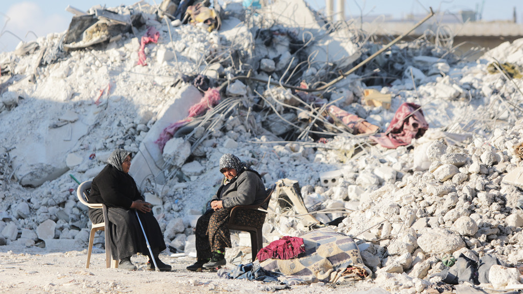 A view of collapsed buildings in quake-hit Jindires town of Afrin district, Syria - 21 Feb 2023