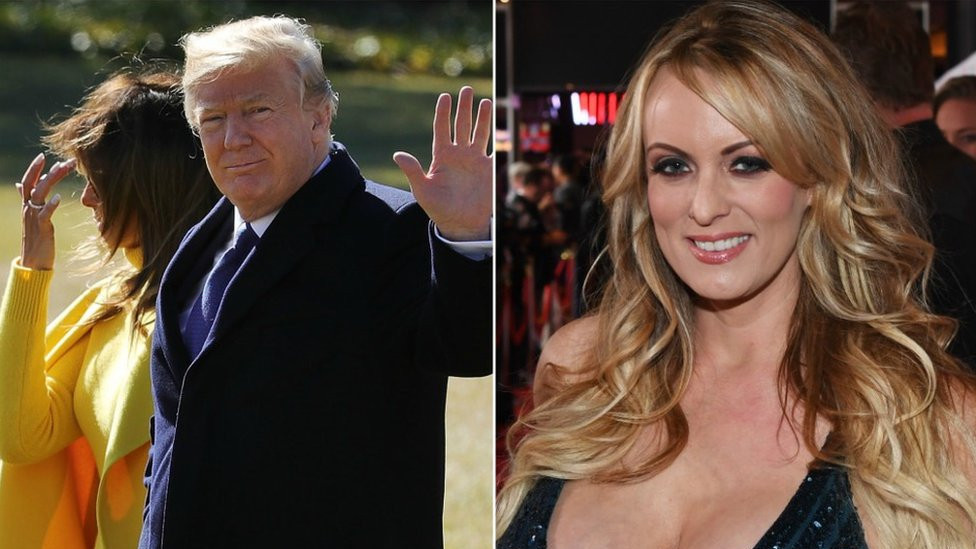 Collage photograph of Mr Trump and his wife, Melania and adult film star Stormy Daniels