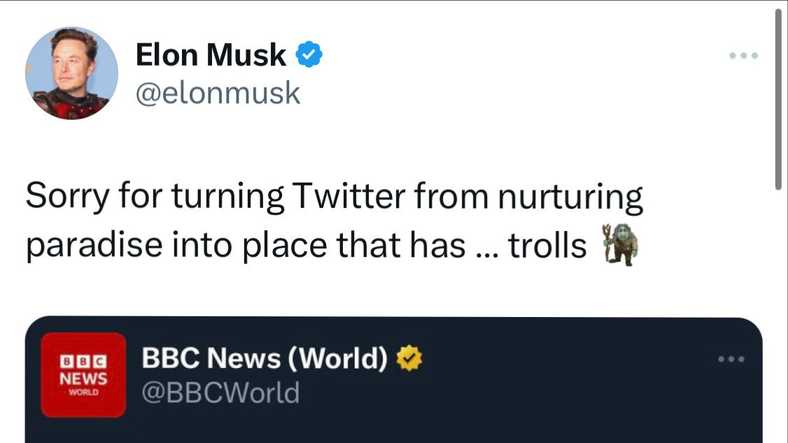 Screengrab of Elon Musk's tweek about this article