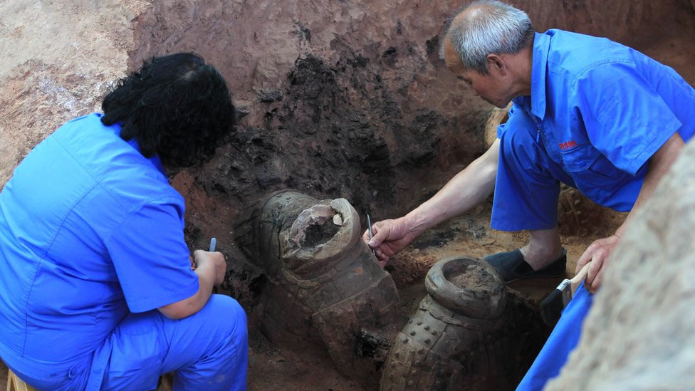 Chinese archaeologists at work in 2012 at Pit One of the Terracotta Warriors and Horses Museum in Xian
