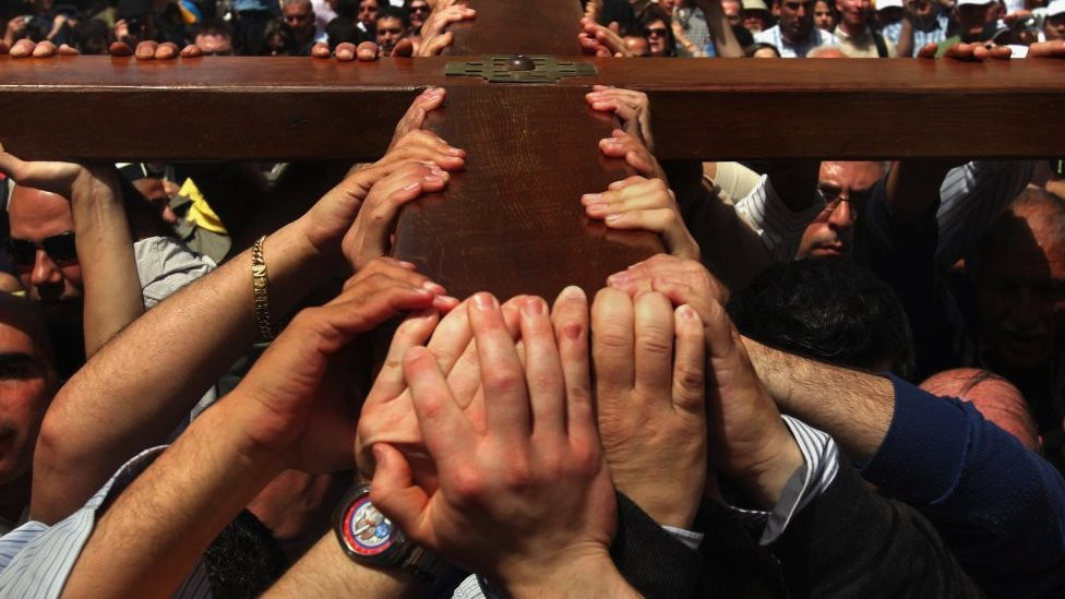 Christians taking part in a Good Friday procession in Jerusalem