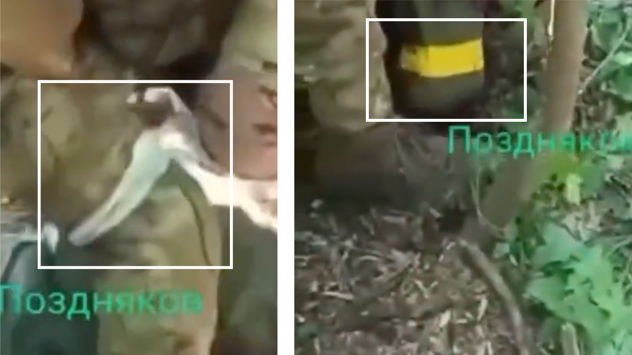 Video frames showing a yellow armband and white cloth leg wrapping used by Ukrainian and Russian soldiers respectively