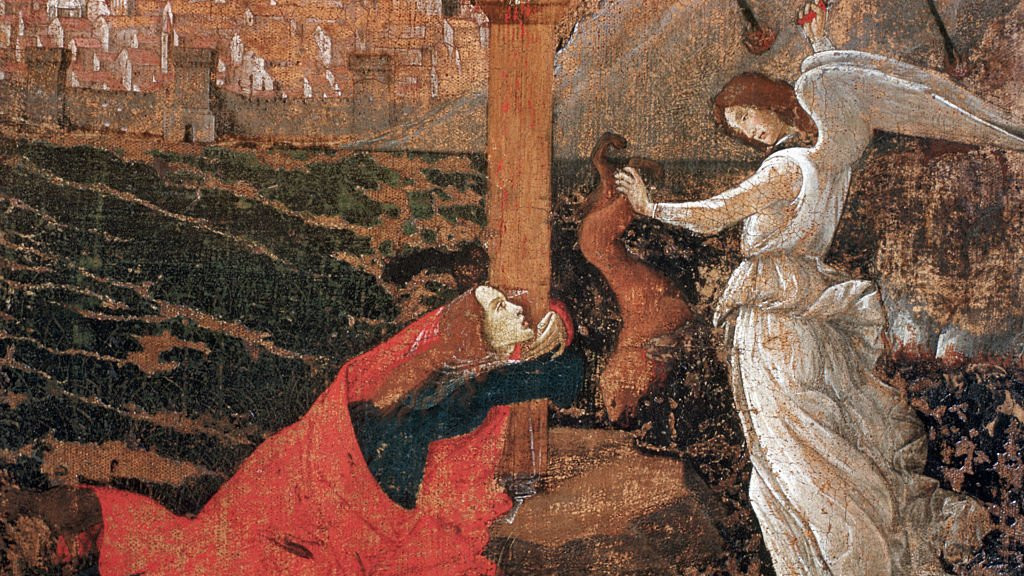 Detalle que muestra a María Magdalena y un ángel matando a un demonio de "Crucifixión mística" de Sandro Botticelli (~1500).