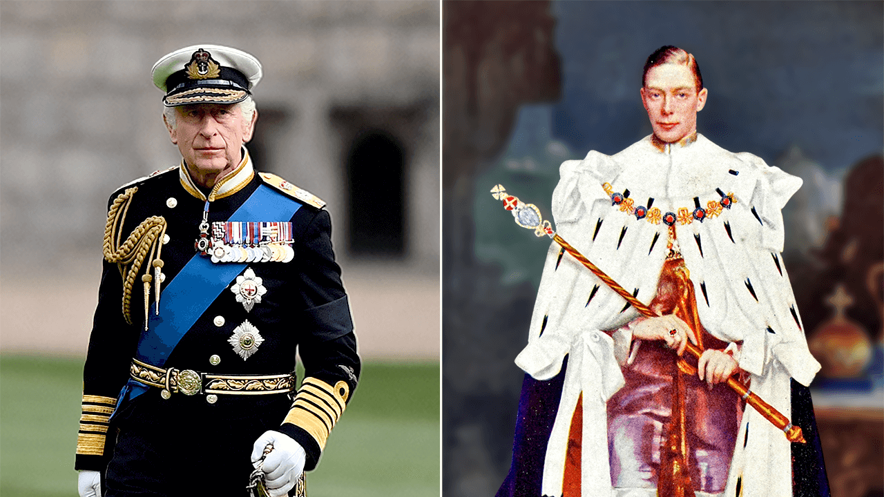 King Charles III in a military uniform and George VI in breeches and stockings
