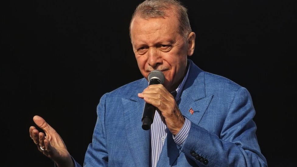 Turkish President Recep Tayyip Erdogan addresses supporters at the AK Party's 'Great Istanbul Rally' on May 7, 2023 in Istanbul, Turkey
