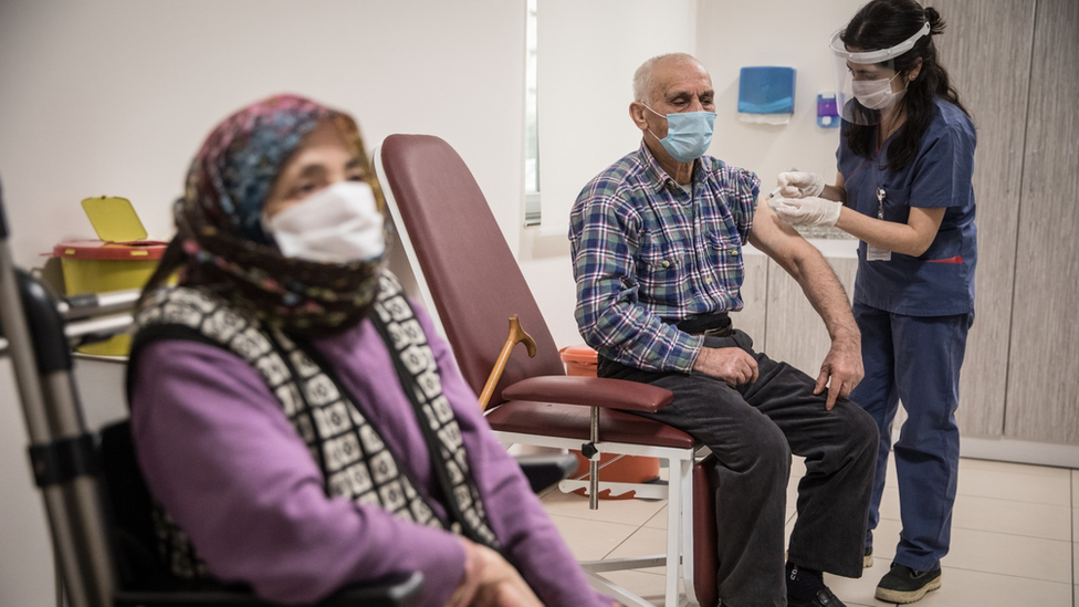 An elderly Turkish man is injected with the Sinovac vaccine at a hospital in Istanbul, 2021