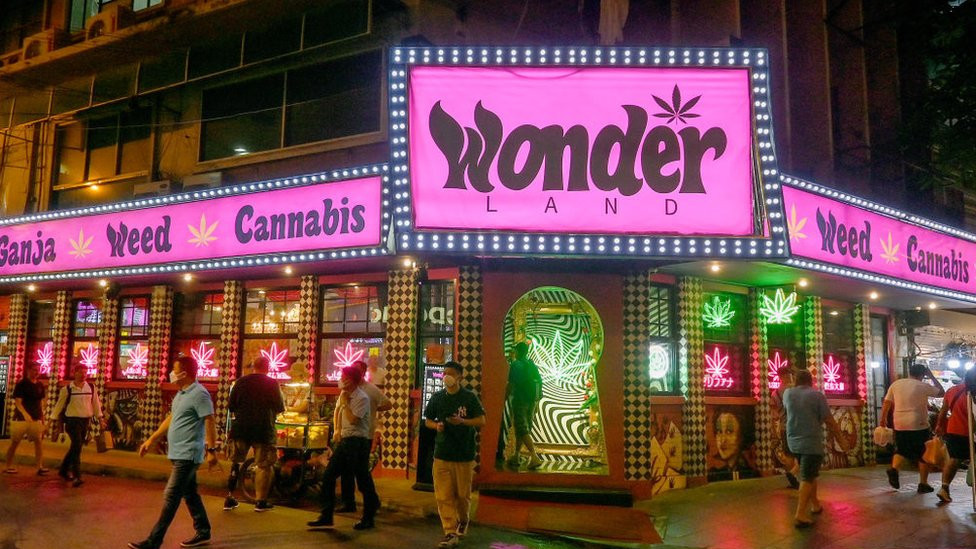 A view of the Wonderland marijuana outlet on Bangkok's Sukhumvit road. In the metropolitan area of Bangkok 1995 marijuana dispensaries/shops, have opened, and in downtown Bangkok 533 have opened since June 9, 2022.