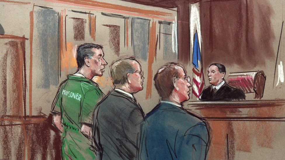 Court sketch of Hanssen (left) at his arraignment