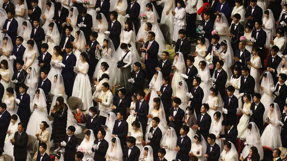Thousands of couples take part in a mass wedding of the Family Federation for World Peace and Unification, commonly known as the Unification Church, at Cheongshim Peace World Center in Gapyeong-gun, South Korea on 7 February 2020.
