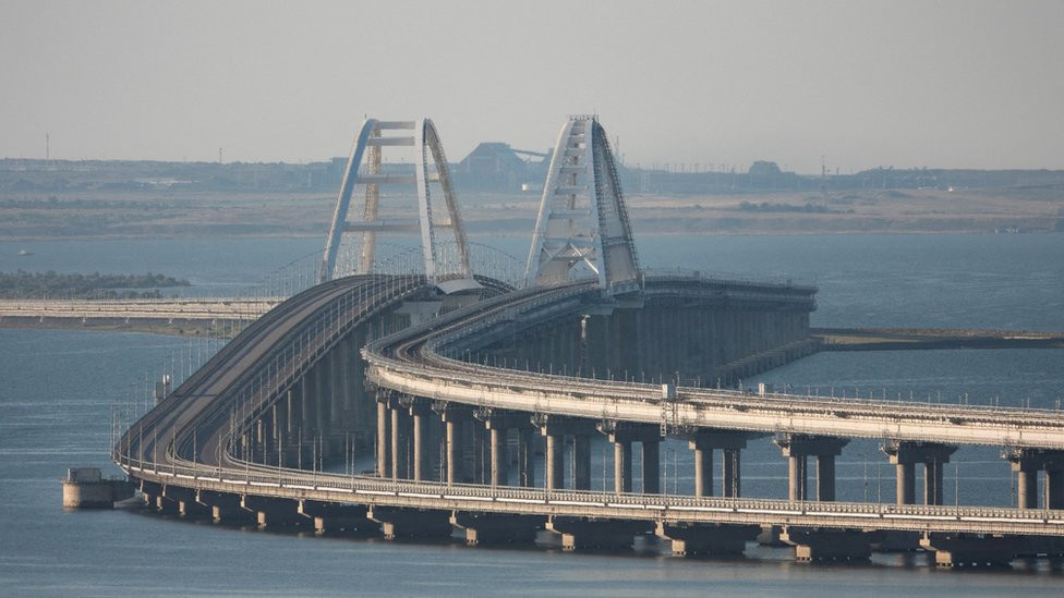 A view shows the Crimean bridge connecting the Russian mainland with the peninsula across the Kerch Strait, Crime. It is empty of vehicles.