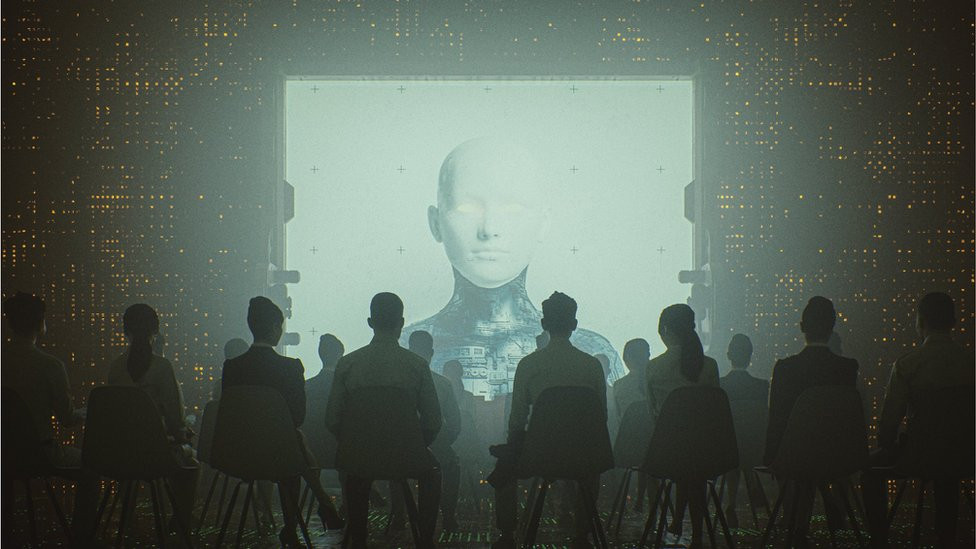 Artistic image show followers gathering in front of a screen with an AI-generated figure