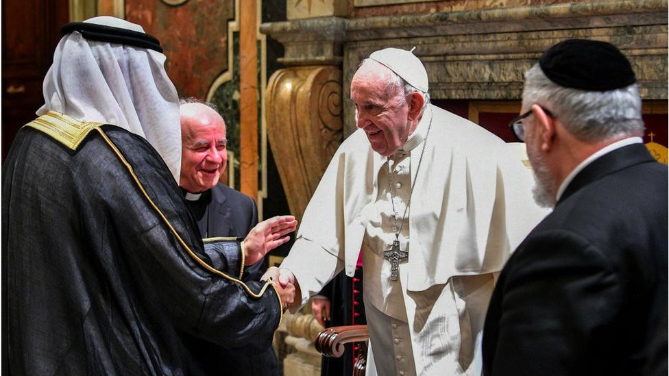 Pope Francis meets signatories of The Rome Call For AI Ethics during an audience at the Clementina Hall on January 10, 2023 in Vatican City
