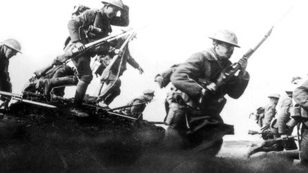 Canadian soldiers charging over the top