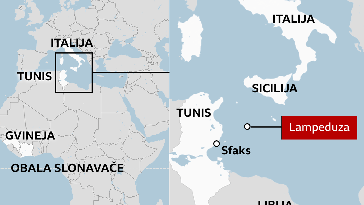 mapa Tunis, Italija, migranti, migrantske rute