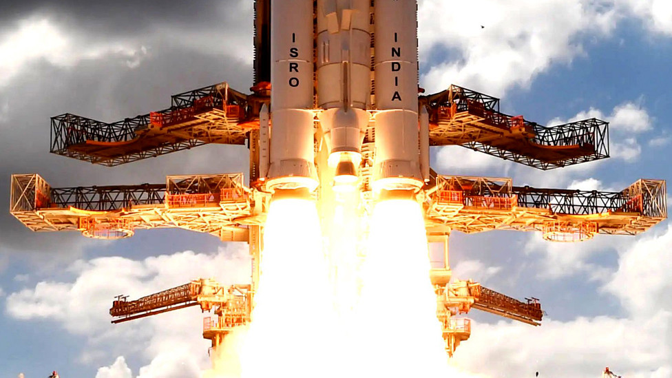 A handout photo made available by the Indian Space Research Organisation of its Chandrayaan-3 lifting off from the Launch Vehicle Mark-III Mission 4 at the Satish Dhawan Space Centre in Sriharikota, state of Andhra Pradesh, India, on 14 July 2023