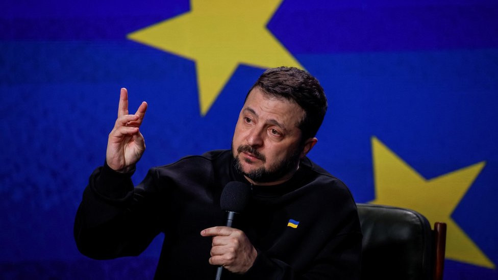 Ukrainian President Volodymyr Zelensky at a press-conference in Kyiv. Photo: 19 December 2023