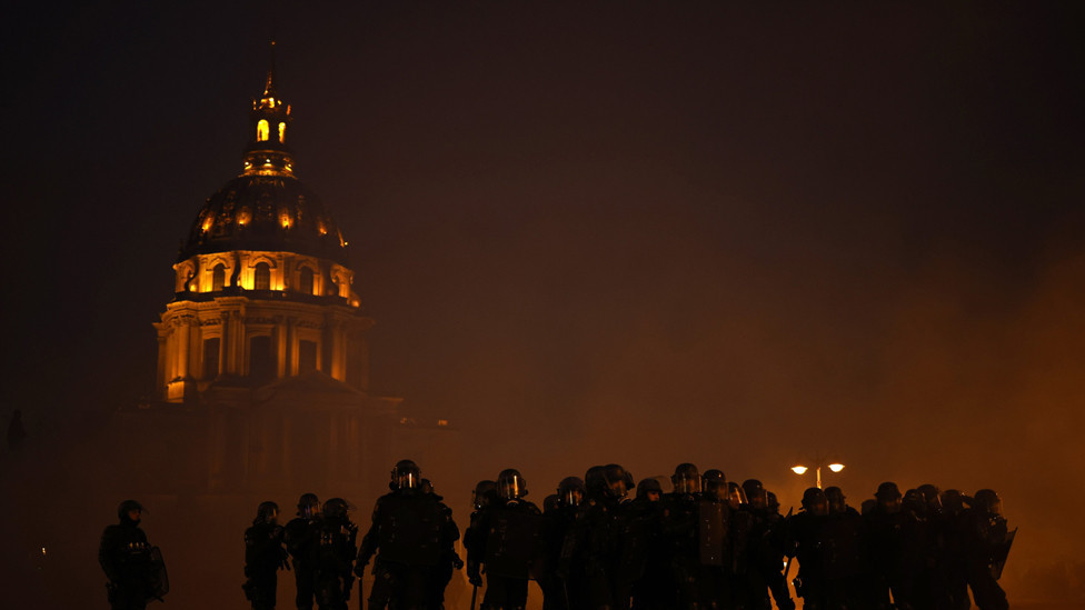 French riot police during clashes as thousands of protesters take part in a demonstration against the government's reform of the pension system, in Paris, France, 31 January 2023.