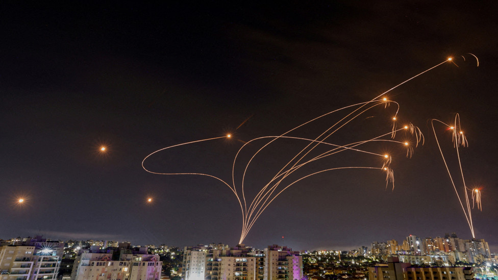 Israel's Iron Dome anti-missile system intercepts rockets launched from the Gaza Strip, as seen from the city of Ashkelon, Israel, October 9, 2023.