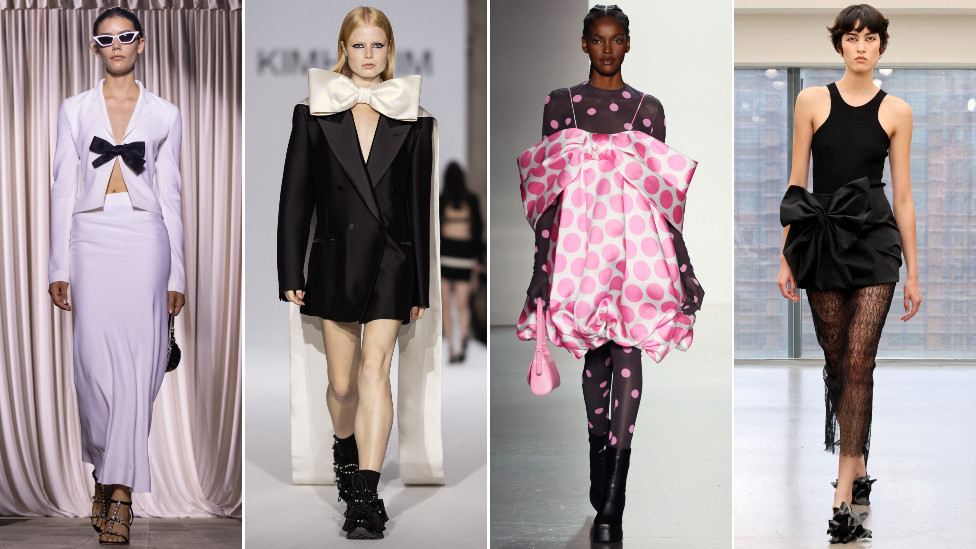 Composite image showing models wearing designs by Giambattista Valli, Kimhekim, Sixdo and Aknvas