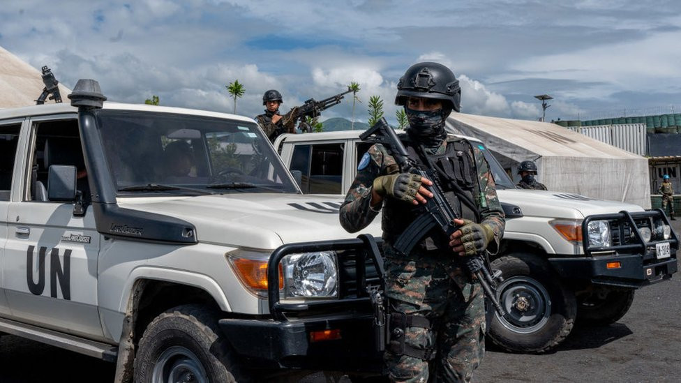 A peacekeeper of the United Nations Organization Stabilization Mission in the Democratic Republic of the Congo