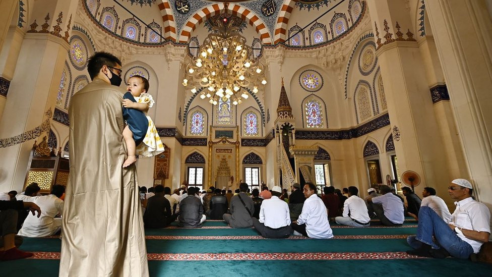 Muslims praying at the biggest mosque in Japan in Tokyo