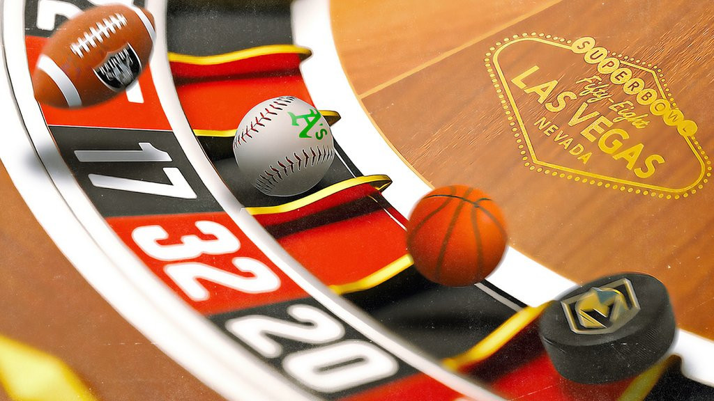 A composite image of an American football, a baseball, a basketball and an ice hockey puck flying round a roulette table