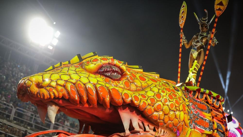 Members of the Unidos do Viradouro samba school parade during the second day of the Rio de Janeiro carnival at the Sambadrome