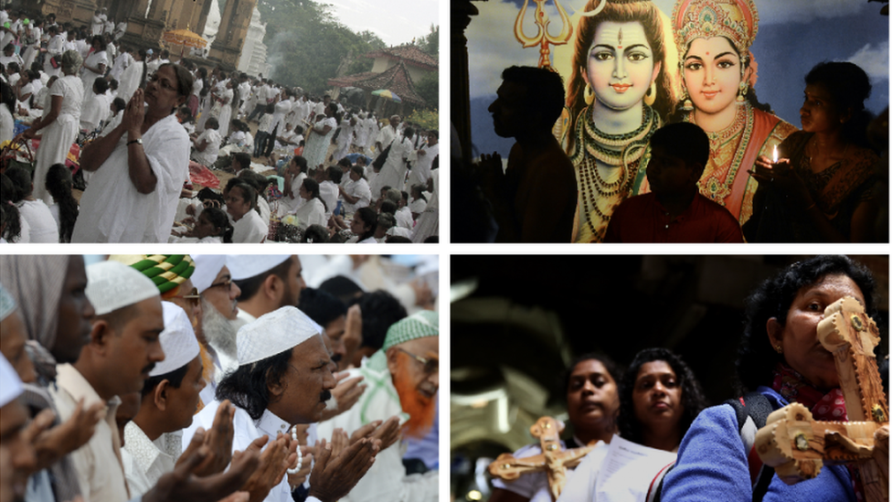 A composite image showing the four major religions in Sri Lanka - Buddhist, Hindu, Muslim and Christian