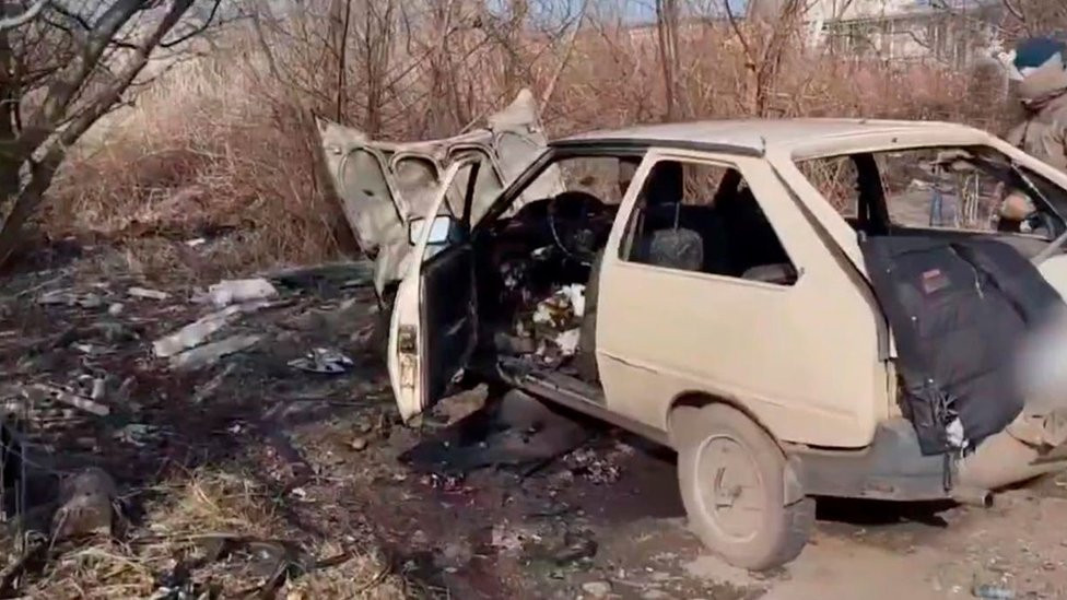 A car blown up in occupied Ukraine