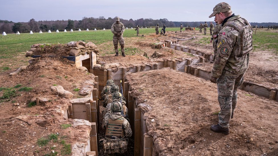 Danish instructors train Ukrainian recruits in an area of Eastern England, Britain, 14 March 2024.