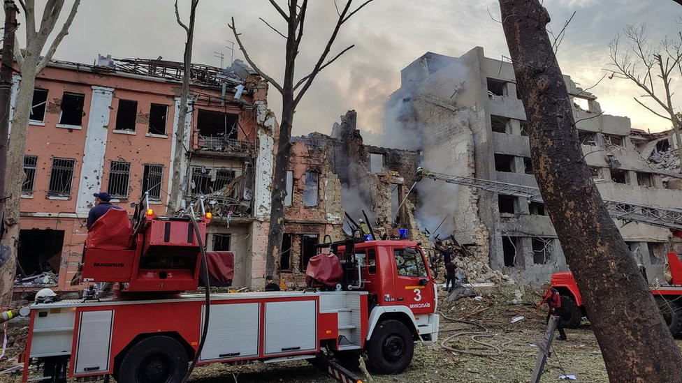 Aftermath of a Russian missile strike in Mykolaiv in July 2023