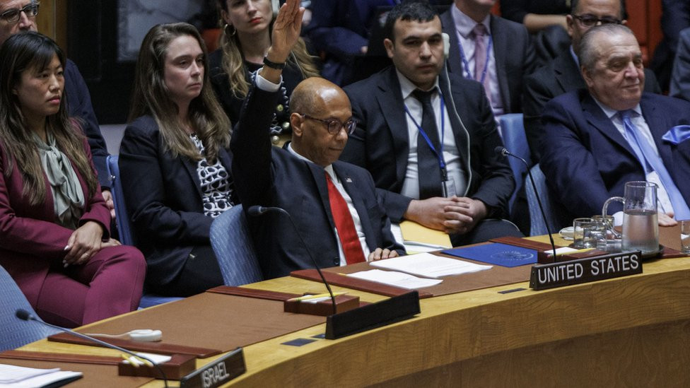 Alternate Representative of the United States Robert A. Wood raises his hand to indicate his vote against United Nations membership for Palestine during a Security Council meeting at United Nations Headquarters in New York, New York, USA, 18 April 2024. The United States used their veto power to deny the request.