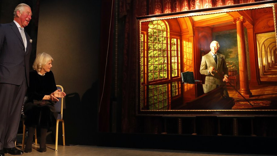 Prince of Wales and Camilla, the Duchess of Cornwall, unveil a portrait painting of Prince Charles by artist Ralph Heimans on their visit to Australia House in London, in 2018 to celebrate the centenary of its completion