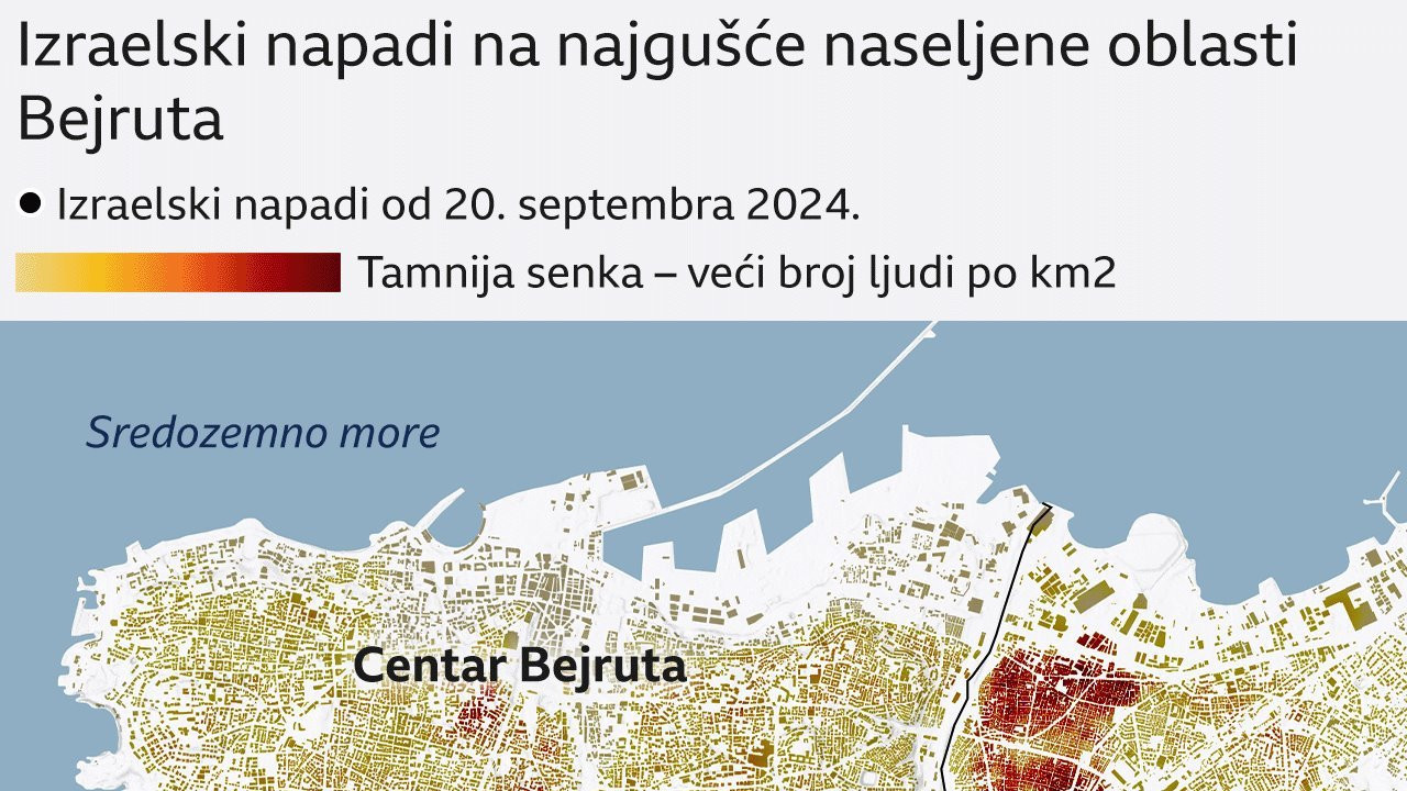 Gustina naseljenosti u oblastima koje je gađala izraelska vojska