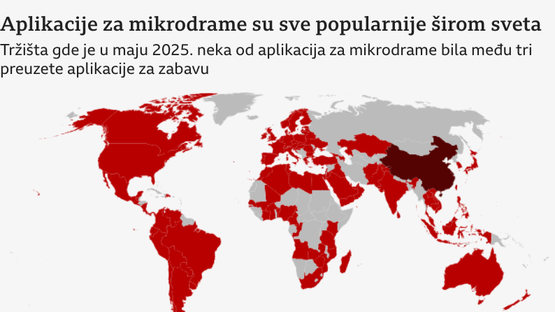 Karta sveta na kojoj su crvenom bojom označene zemlje u kojima je u maju 2025. godine neka od aplikacija za mikrodrame bila među tri aplikacije za zabavu koje su su se najviše preuzimane