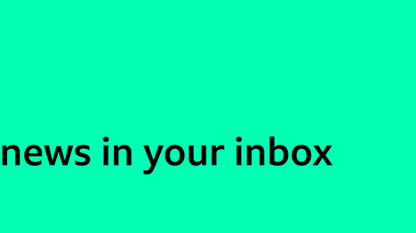 A green promotional banner with black squares and rectangles forming pixels, moving in from the right. The text says: “Tech Decoded: The world’s biggest tech news in your inbox every Monday.”