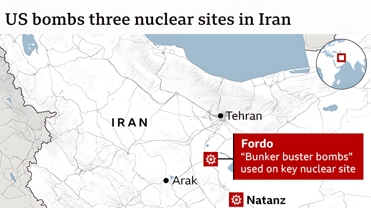 Mapa Irana koja prikazuje tri lokacije pogođene američkim bombama i raketama: Fordov, Natanz i Isfahan