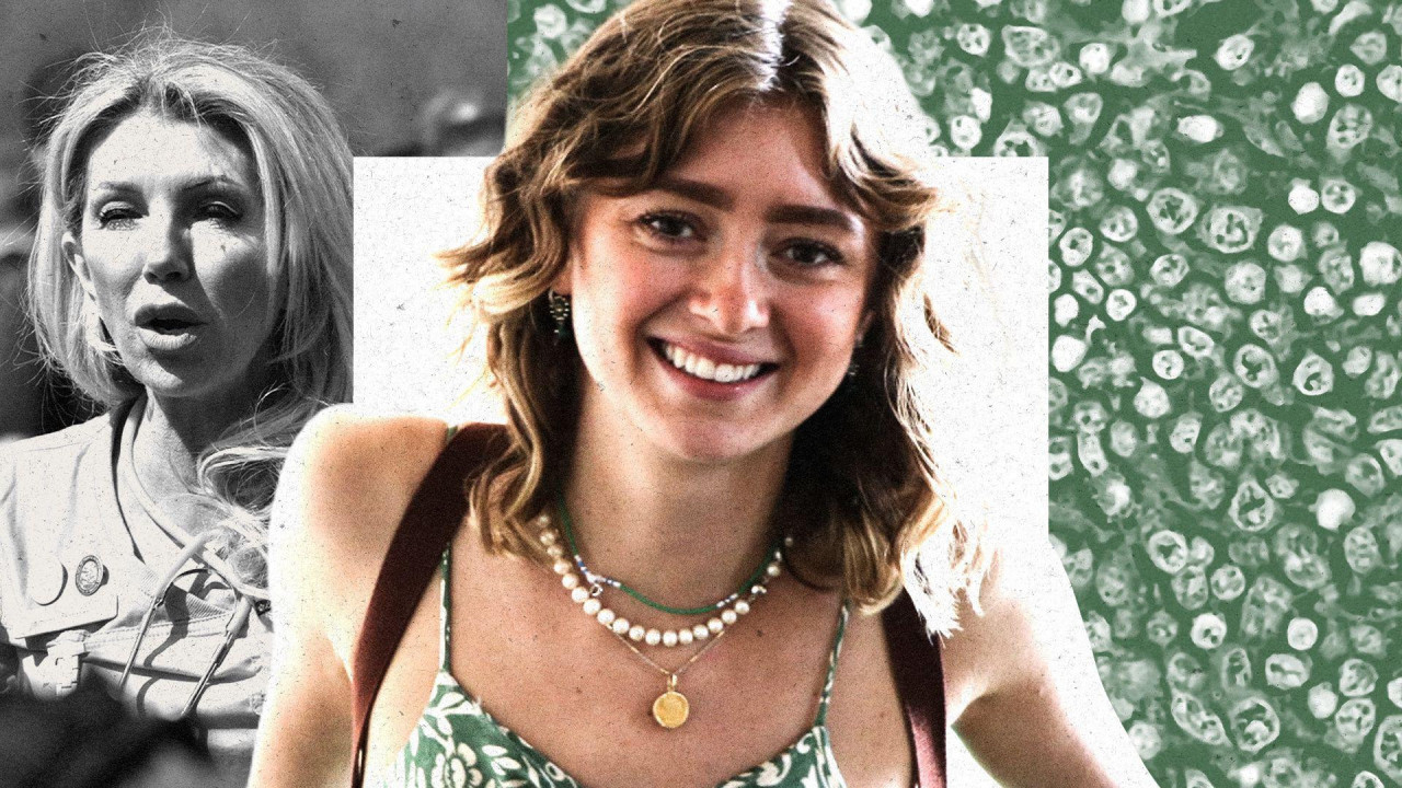 
                    A composite image showing with Paloma Shemirani in the centre, a young woman with a big, bright smile and fair curly hair tumbling to her shoulders, wearing a strappy flo
