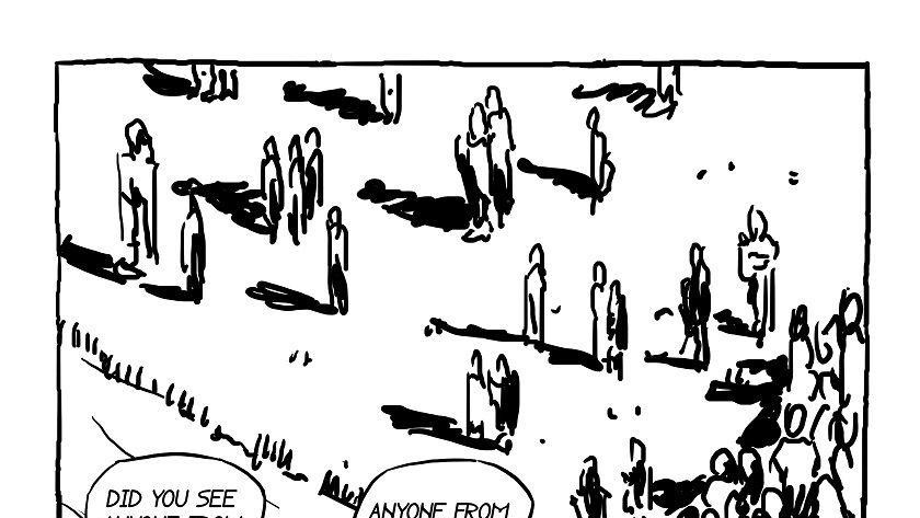 Poslednja stranica stripa na kojoj preživeli postavljaju pitanja o njihovim sugrađanima, saborcima i stradalima