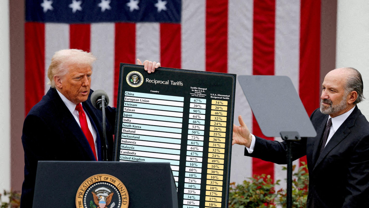 Donald Tramp drži tablu u ruci sa visinama carina zemljama u svetu