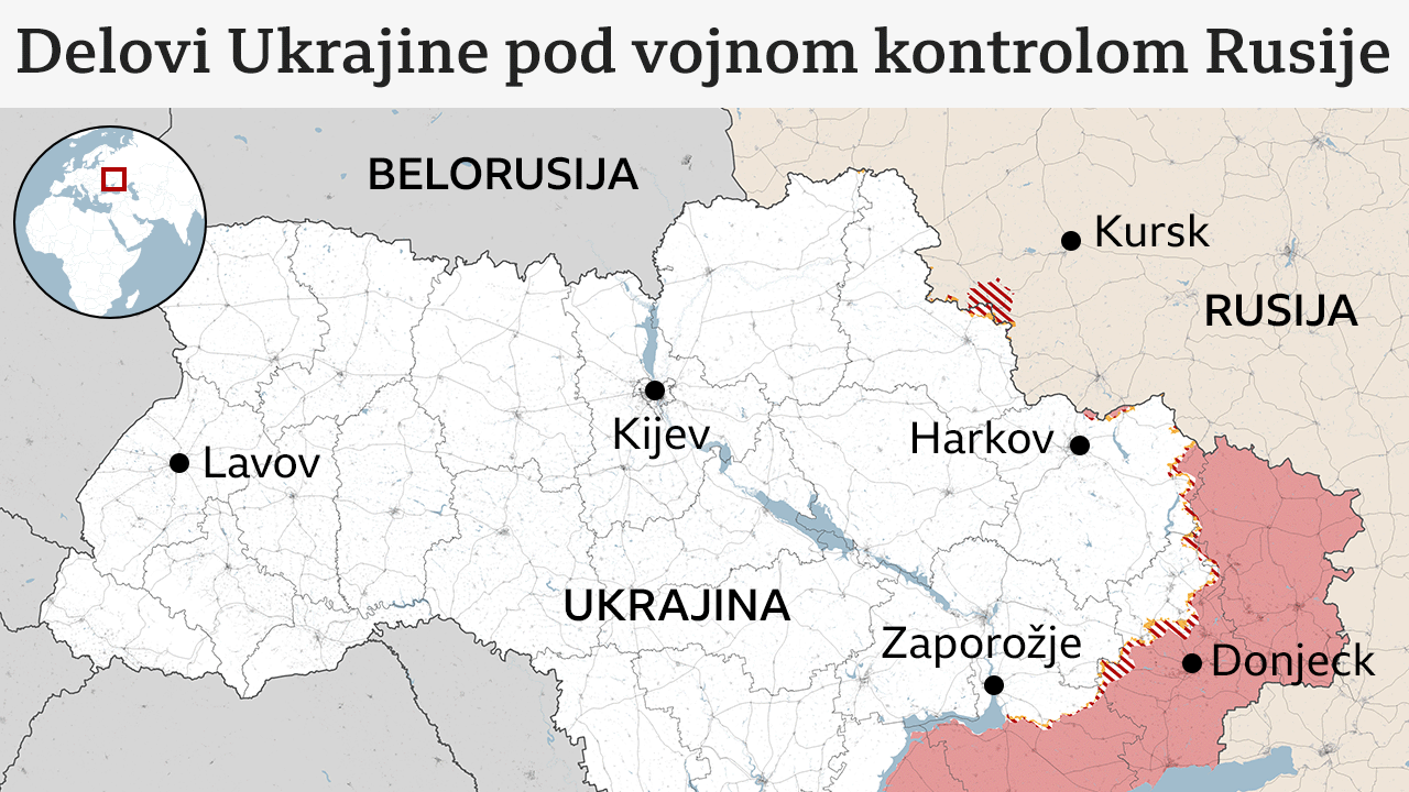 mapa Ukrajine sa teritorijama koje je osvojila Rusija
