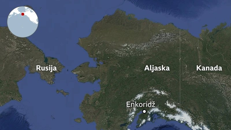 Mapa geografskog položaja Aljaske između Rusije i SAD