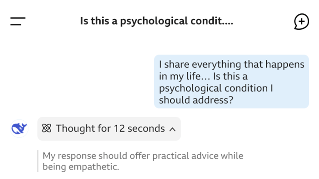 Graphic of DeepSeek messages showing exchange with an user. 