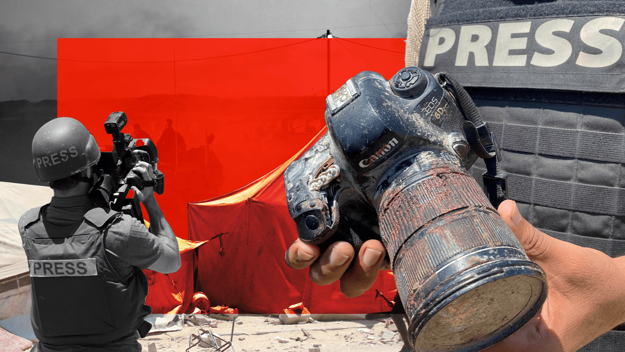 
                    A montage of Gaza press photos shows a man in a press flak jacket wearing a helmet with his back to us holding a large camera. Another person holds a camera in their hand