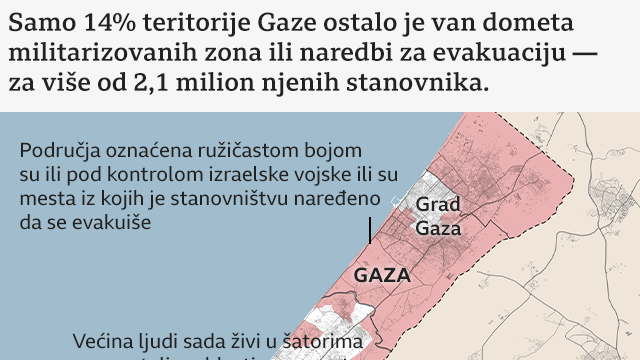 „Samo 14 odsto teritorije Gaze nije militarizovana ili zona za evakuaciju za 2,1 milion ljudi”. Veći deo Pojasa Gaze označen je ružičastom bojom koja predstavlja područja pod kontrolom izraelske vojske ili ona u kojima je naložena evakuacija. Postoji oznaka za priobalno područje van ružičaste zone, naslovljena: „Većina ljudi sada živi u skloništima u preostalim oblastima, poput Al-Mavasija”