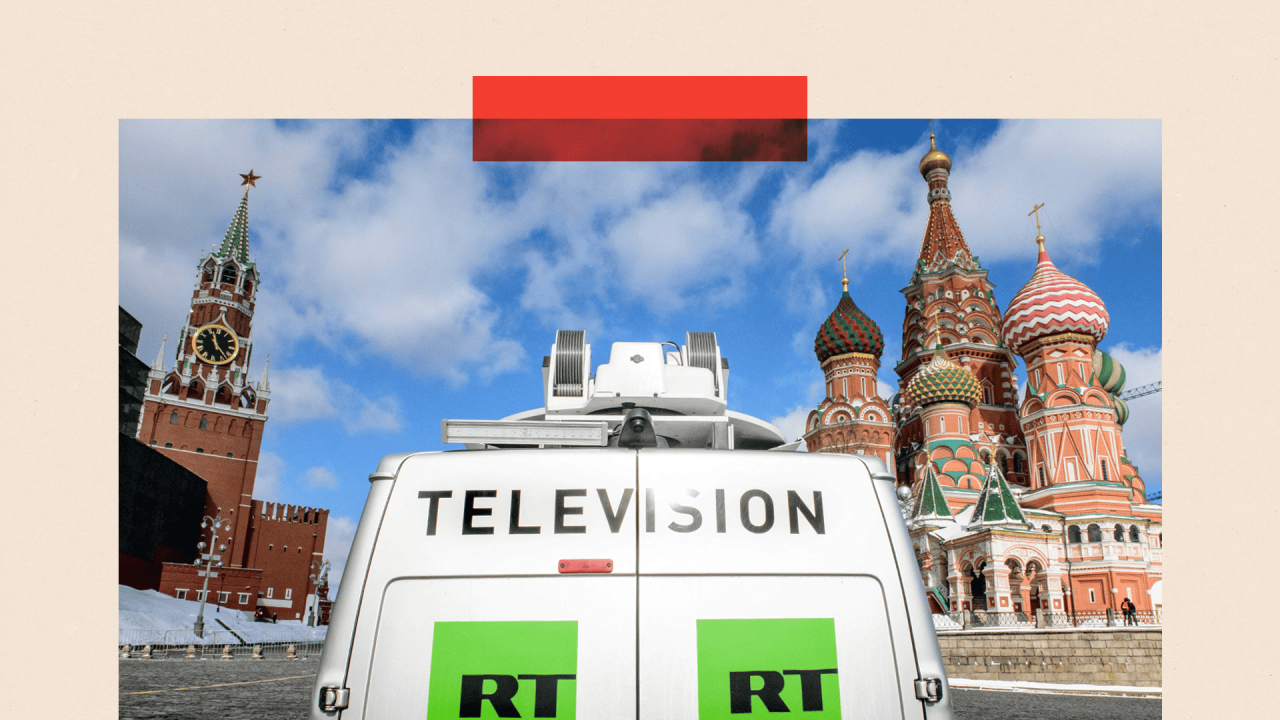 A Russia's state-controlled Russia Today (RT) television broadcast van is seen parked in front of St. Basil's Cathedral and the Kremlin next to Red Square in Moscow